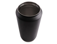 A drink bottle with a sleek black design and stainless steel interior, featuring a carry handle and a logo.
