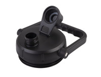 A drink bottle in black with a wide mouth, a carry handle, and a secure lid featuring a logo.