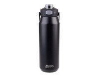 A drink bottle with a black matte finish, featuring a vacuum quick release lid and a handle, with a logo.