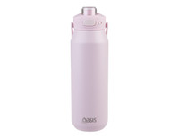A drink bottle in pastel pink, featuring a quick release lid and a logo on the front.