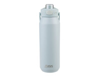 A drink bottle in a light blue hue with a quick release lid and a handle. It features a logo on the front.