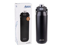 A drink bottle with a black finish and a quick release lid, presented alongside its packaging. It features a logo.