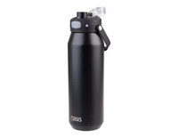 A drink bottle in matte black with a vacuum quick release lid and a carry handle, featuring a logo.