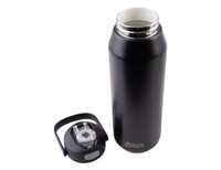 A drink bottle with a sleek black exterior and a quick release lid, featuring a separate lid component.