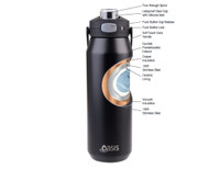 A drink bottle in matte black with a stainless steel body, featuring a quick release lid and durable handle.