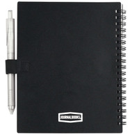 A black recycled PP journal book with a silver pen attached, featuring a spiral binding.