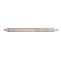 A clear pen with a transparent barrel and black ink. It features a clip and a retractable tip.