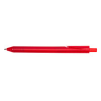 A red pen with a tapered tip and a clip on one side, featuring a smooth finish.