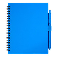 A blue recycled PP journal with a spiral binding and matching blue pen attached. It features a simple logo on the cover.