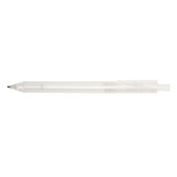 A clear pen with a smooth barrel and a clip for easy attachment. It features a transparent design.