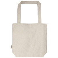 A natural beige tote bag with two sturdy handles and a plain design. It features a small branding label.
