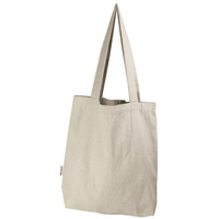 A beige tote bag with two handles and a simple design, featuring a logo on the side.
