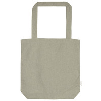 A light grey tote bag with two handles and a simple design, featuring a logo.