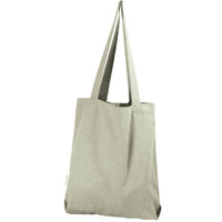 A grey tote bag with two long handles and a simple design. It features a branding logo.