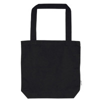 A black tote bag with two handles and a simple design. It features a branding logo on the side.