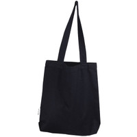 A black tote bag with two long handles, featuring a simple design and a logo on the side.
