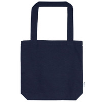 A navy tote bag with dual handles and a rectangular base, featuring a logo on the side.