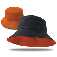 A reversible bucket hat featuring black on one side and orange on the other, with a logo present.