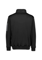 A black unisex 1/4 zip pullover with a high collar and a logo on the sleeve.