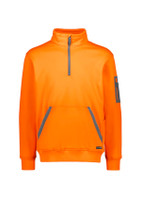 An orange unisex water-resistant pullover with a 1/4 zip and a front pocket, featuring a logo on the sleeve.