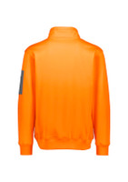 Unisex water-resistant 1/4 zip pullover in bright orange, featuring a grey logo on the sleeve.