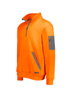 An orange water-resistant pullover with a quarter zip and a grey pocket detail, featuring a logo.
