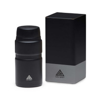 A black food jar with a lid, displayed next to a black packaging box featuring a logo.