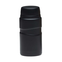 A black food jar with a smooth, contoured design and a screw-on lid. It features a small logo.