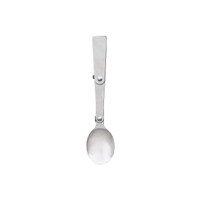 A stainless steel spoon with a sleek design and a clip for easy storage. Features a shiny finish.