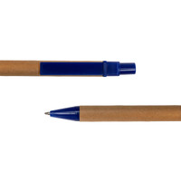 A cardboard pen with a blue plastic cap and tip, featuring a simple design.