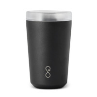 A drink bottle in matte black with a clear lid and a logo featured on the front. Ideal for hot or cold beverages.