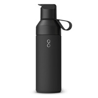 A drink bottle in matte black with a spout lid and a logo, featuring a sleek, modern design.