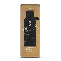 A drink bottle in obsidian black, packaged in a brown box with a logo and wave designs.