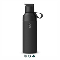 A drink bottle with a sleek, black design, featuring a spout lid and a carrying handle. It has a logo on the front.