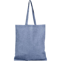A recycled cotton twill tote bag in a light blue shade with long handles and a simple design. It features a logo.