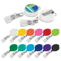A variety of Alta Retractable ID Holders in multiple colours, featuring a clip and a retractable cord.