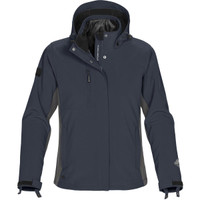 A women's 3-in-1 jacket in dark grey with a hood, features a logo on the sleeve and multiple zip pockets.