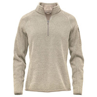 A light beige women's 1/4 zip pullover jumper with a zippered collar and a sleeve pocket. Features a branding logo.