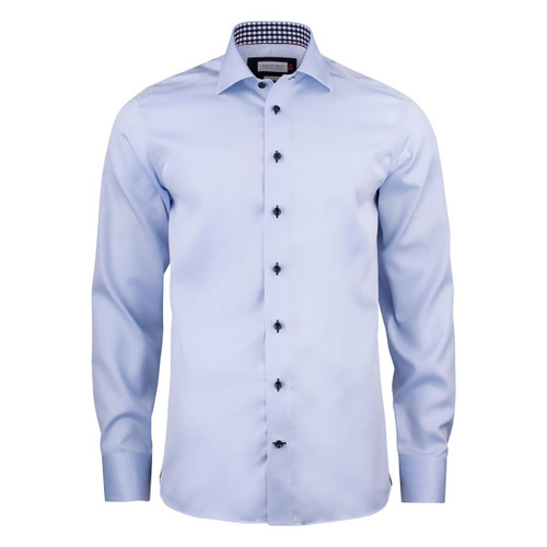 A light blue button-up shirt with long sleeves, featuring a checkered collar and black buttons. It has a logo. A light blue button-up shirt with long sleeves, featuring a checkered collar and black buttons. It has a logo.