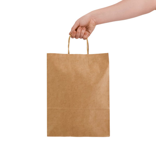 A large brown paper bag is being held by a hand, featuring two handles. It has a plain design with no visible text. A large brown paper bag is being held by a hand, featuring two handles. It has a plain design with no visible text.