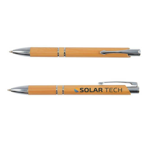 A bamboo pen with silver accents and a logo. The body is made of natural wood, showcasing a smooth finish. A bamboo pen with silver accents and a logo. The body is made of natural wood, showcasing a smooth finish.