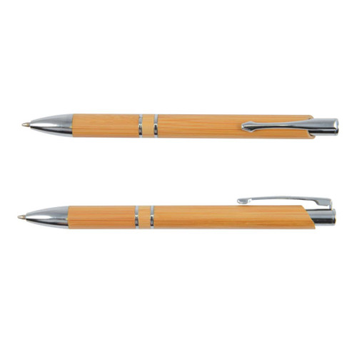 A bamboo pen featuring a natural bamboo barrel and chrome accents, with a removable cap. A bamboo pen featuring a natural bamboo barrel and chrome accents, with a removable cap.