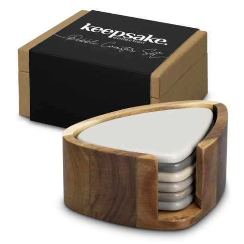 A wooden holder contains a set of grey pebble coasters, packaged in a black box with branding. A wooden holder contains a set of grey pebble coasters, packaged in a black box with branding.