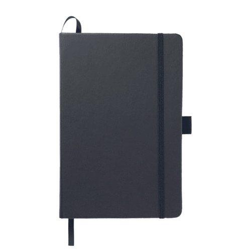 A black A5 journal with a flexible cover, closure elastic, and a ribbon bookmark. It includes a branding logo.