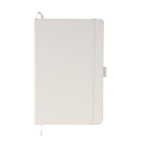A white A5 notebook with a ribbon marker and elastic closure, featuring a logo on the cover.
