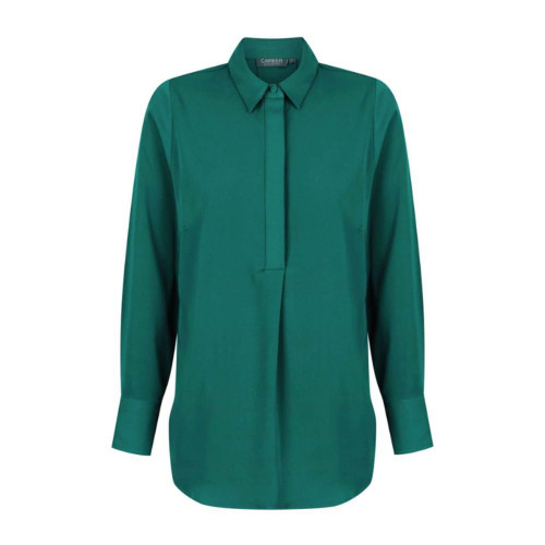 Emerald green women's long sleeve blouse with collar and button placket.