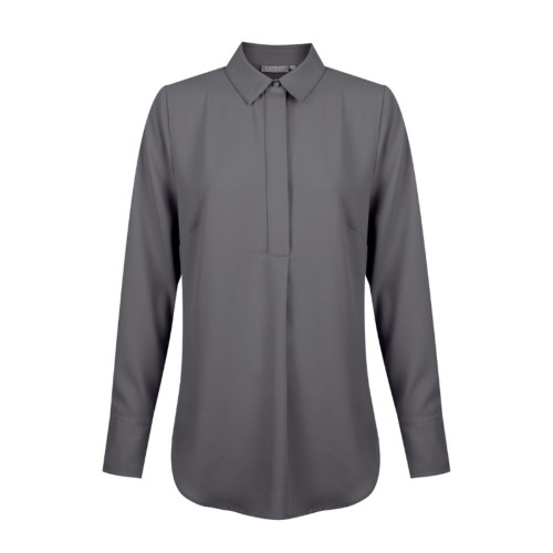 Charcoal women's long sleeve blouse with collar and button placket.