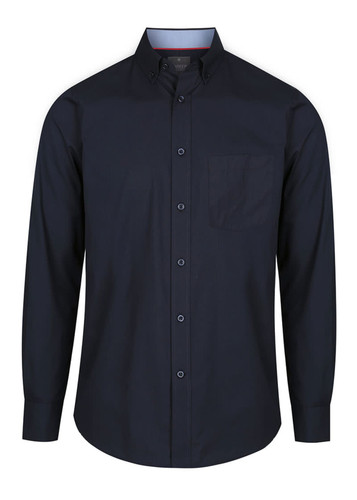 A navy button-up shirt with long sleeves and a single pocket. Features a collar and a logo on the label. A navy button-up shirt with long sleeves and a single pocket. Features a collar and a logo on the label.