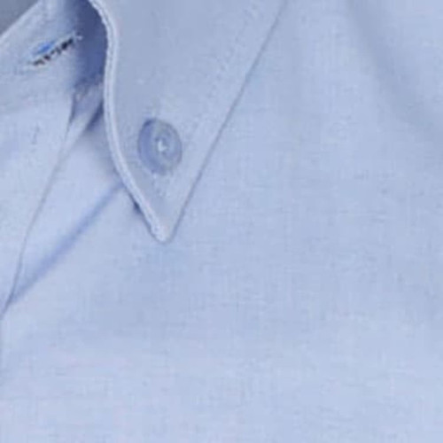 A light blue button-up shirt featuring a collar and a button closure, with a logo on the label. A light blue button-up shirt featuring a collar and a button closure, with a logo on the label.