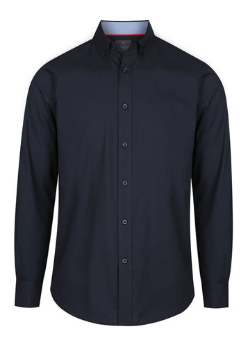 A button-up shirt in navy blue with long sleeves and a collar, featuring a logo on the collar. A button-up shirt in navy blue with long sleeves and a collar, featuring a logo on the collar.